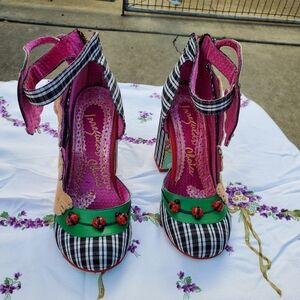Irregular Choice Black and Pink Checkered Heels with Green Accents Ladybugs And